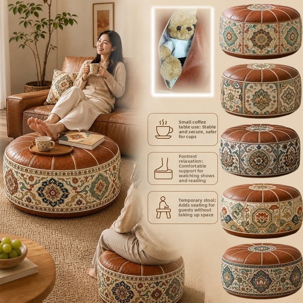 Floor Cushion Pouf - Neuer Ottoman-Pouf aus PU-Leder mit Boho-Muster,